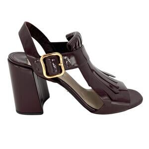 PRADA Patent Leather Fringe Trim Kiltie Buckle Sandals EU 39.5 US 9.5 Block Heel